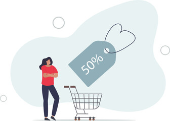 Wall Mural - woman with shopping cart trolley 50 percent discount price tag.flat vector illustration.