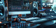 © Lila Patel - Close-up of a sound designer's desk with audio mixing software and sound effects libraries, illustrating a job in sound design