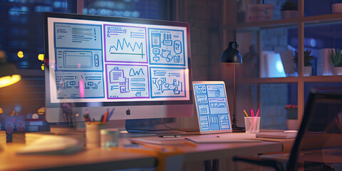 Wall Mural - Close-up of a UX designer's desk with wireframes and user interface mockups, illustrating a job in user experience design