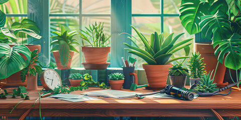 Wall Mural - Close-up of a horticulturist's desk with plant specimens and gardening tools, representing a job in horticulture