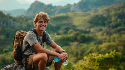 Wall Mural - Smiling Hiker with a Backpack