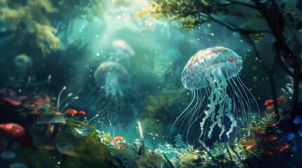 Wall Mural - Jellyfish swim water near forest