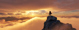 Fototapeta  - Adventure Woman Hiker Standing on a peak. Mountain Landscape in Background. Dramatic Sunset.