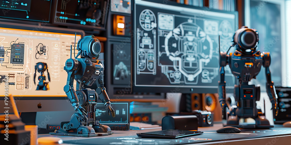 Close-up of a robotics engineer's desk with robot prototypes and ...