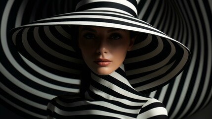 Wall Mural - Black and white striped pattern portrait of a woman wearing a large hat