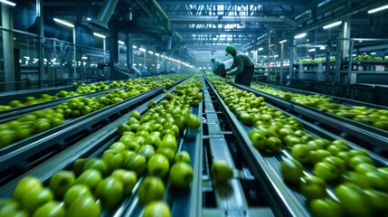 Worker Inspecting Apples at Factory