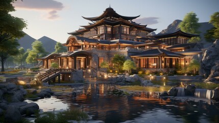Wall Mural - Chinese style house near the lake