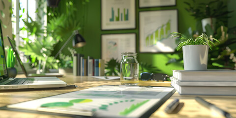 Close-up of a sustainability consultant's desk with environmental reports and green technology samples, showcasing a job in sustainability consulting