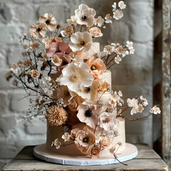 Wall Mural - A floweradorned wedding cake on a rustic wooden table