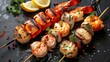 Shrimp skewers with herbs, garlic and lemon, Generative AI,