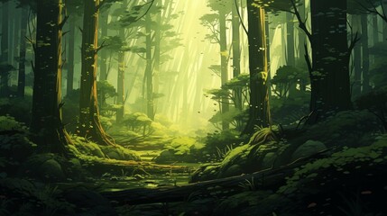 Wall Mural - Sunbeams through dense forest canopy 2D cartoon illustration. Warm glow over serene woodland flat image colorful scenery horizontal. Lush vegetation wallpaper background anime art