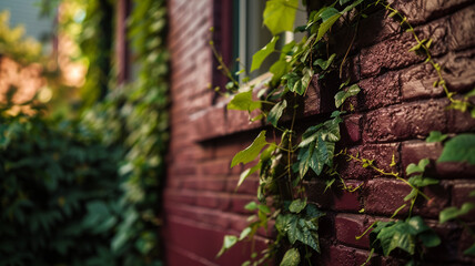 Wall Mural - A close-up of the textured brickwork and ivy of a rich maroon house, with the soft focus on the greenery.