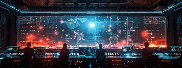 Wall Mural - Advanced Cybersecurity Command Center with Operators Monitoring Global Digital Threats on Massive Interactive Holographic Display