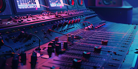 Close-up of a sound engineer's desk with mixing boards and audio equipment, illustrating a job in sound engineering