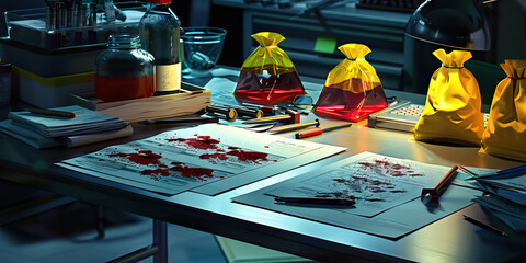 Close-up of a crime scene investigator's desk with evidence bags and forensic tools, illustrating a job in forensic science