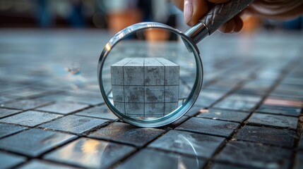 smart businessmen use magnifying glass to analyze floating cubes as part of their business case stud