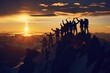 Silhouette of a climbing team on the summit, cheering as the sun sets, capturing the spirit of perseverance and success, , moody lighting