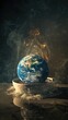 Conceptual image of an Earth globe boiling in a pot of hot water, symbolizing global warming and environmental urgency, , moody lighting