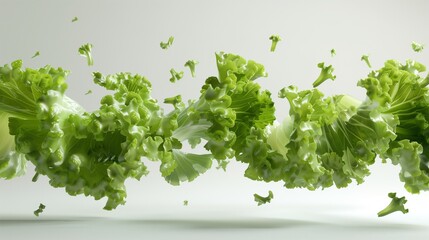 Wall Mural - Levitation of fresh lush green lettuce leaves on white background,