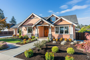 Wall Mural - A newly constructed soft peach craftsman cottage style home, showcasing a triple pitched roof, thoughtful landscaping, a direct pathway