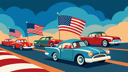 The parade of vintage cars is a tribute to the enduring spirit of America each vehicle a symbol of the countrys journey towards freedom and. Vector illustration