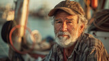 Fototapeta  - An elderly fisherman on a boat at sunset.
