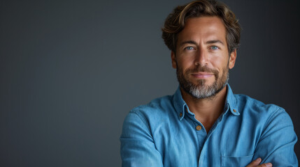 Wall Mural - Happy young smiling confident professional business man wearing blue shirt, pretty stylish male executive looking at camera, standing arms crossed at grey background concept.