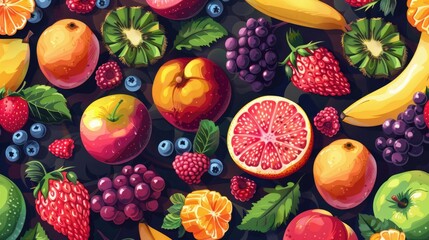 Wall Mural - Fresh fruits pattern background colorful. summer fruit. Healthy, drink menu