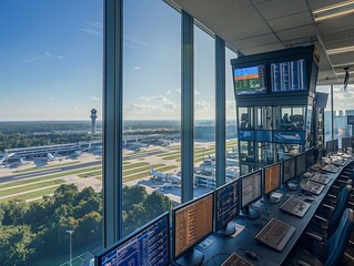 Wall Mural - A group of people are working in a room with many computer monitors. The room has a view of an airport and the sky