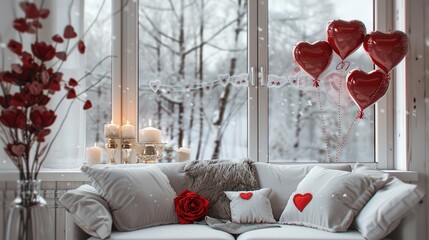 Sticker - Valentine's Day interior design decor, windows looking onto winter defoliated trees, white interior, couch, red heart balloons and roses flowers, candles