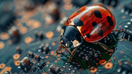 A computer bug is a failure or error in the software or hardware of the computer, a miniature red ladybug is attached to the black PCB of the computer motherboard with soldering, the programmer can