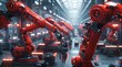 Red robotic arms in an advanced manufacturing setting perform meticulous tasks, symbolizing the forefront of industrial automation