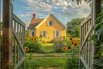 Wall Mural - Looking through the garden gate at a sunflower yellow house with siding, its charm accentuated by traditional windows and shutters, under a suburban sky.