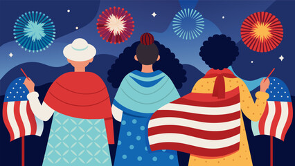 Wall Mural - With joy and pride in their hearts the members of the knitting circle proudly wear their handknitted American flag shawls while watching the fireworks. Vector illustration