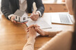© KMPZZZ - Real estate, banker present house model with client before tenant sign contract rental purchase buyer home with landlord, realtor after agreement mortgage success done. Property lease agent concept.
