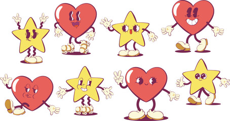 Poster - Heart and stra retro groovy mascot characters