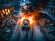 Panzer fährt durch eine zerstörte Stadt 