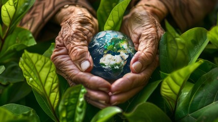 Elderly Hands Holding a Miniature Earth