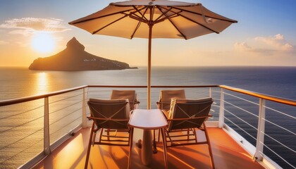 Wall Mural - out door chairs with table and umbrella on luxury cruise ship sailing across the ocean horizon to a distant silhouetted mountain