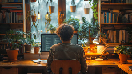 A male freelancer works from home on his computer. Back view.