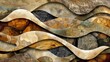 A collage of earthy shades and organic shapes evokes images of riverbed stones and the dynamic energy of rushing water..