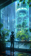 Wall Mural - a man in a robot suit stands in front of a large glass window in a futuristic building. the building