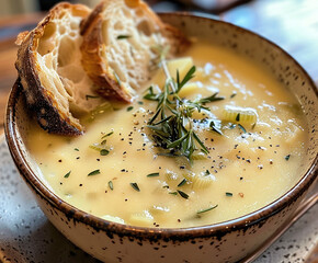 Wall Mural - Rustic Rhapsody: Potato and Leek Soup with Crusty Bread at the Farmhouse - A U-Two Culinary Symphony