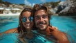 The Caribbean sun illuminates Sarah and Alex's joyful faces as they navigate azure waters, blissfully exploring remote islands.
