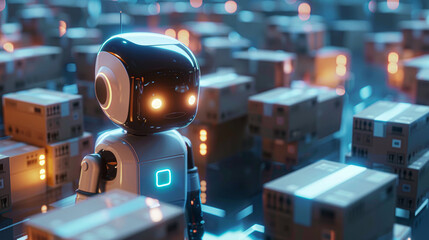 Wall Mural - A robot is standing in front of a bunch of boxes. The robot is looking at the camera with a curious expression. The scene is set in a city with a lot of boxes, giving the impression of a busy