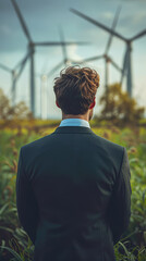 Wall Mural - A man in a suit stands in a field of wind turbines. Concept of solitude and contemplation, as the man looks out over the vast expanse of turbines. The scene is both peaceful and powerful