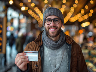 Wall Mural - A man is holding a credit card and smiling. He is wearing a hat and glasses. The image has a happy and lighthearted mood
