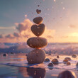 3D rendered photos of watercolor illustration stones in balance on the beach as a heart style made with generative AI