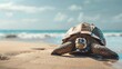 A serene image of a wise old tortoise slowly making its way across a sandy beach towards the ocean.