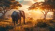 A serene scene of a wise old elephant grazing peacefully in a sunlit clearing of an African savannah.